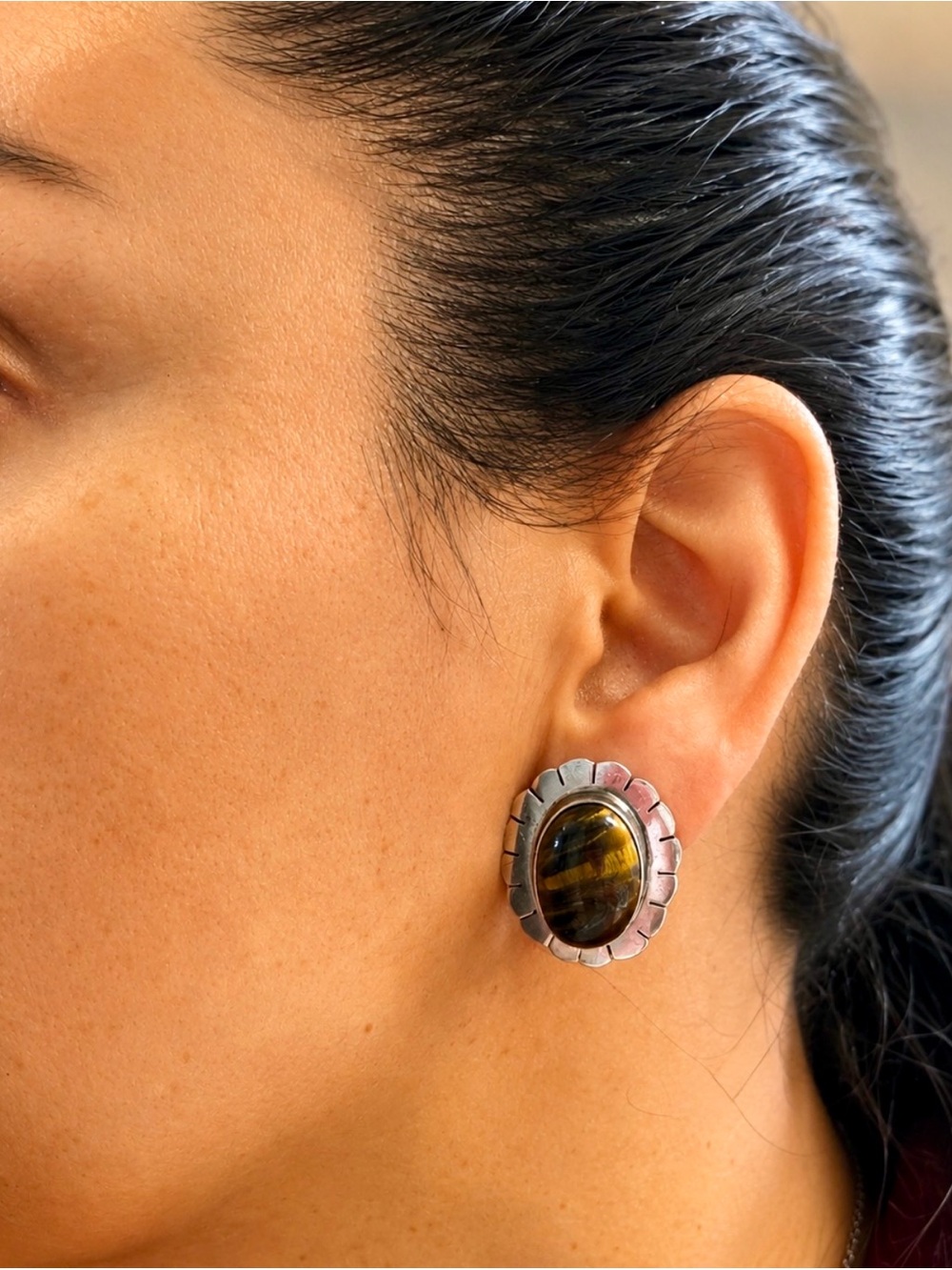 Gorgeous Hand Crafted Sterling Silver 925 Tiger Eye Oval Earrings - Brown